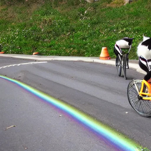 Image similar to cats cycling on the mariocart rainbow track