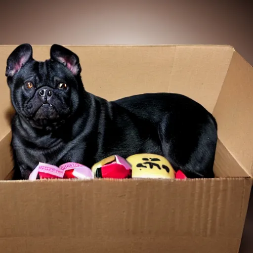 Image similar to black fat dog inside shoebox photograph 4 k