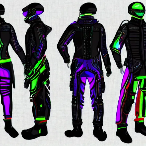 Prompt: a man wearing colorful cyperpunk techwear, detailed digital art style, dynamic lighting, character sheet