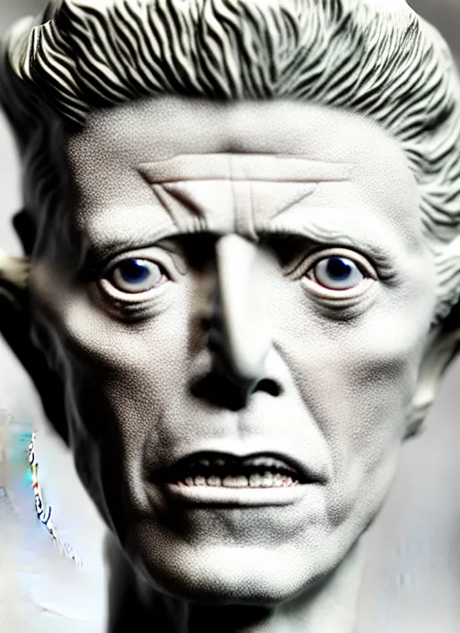 Image similar to David Bowie , A Close up photo-real delicate ceramic porcelain sculpture of a symmetrical ornate detailed in front of an intricate background by Victo Ngai and takato yamamoto, micro detail, backlit lighting, face in focus, subsurface scattering, translucent, thin porcelain, octane renderer, colorful, physically based rendering, japanese pottery, trending on cgsociety