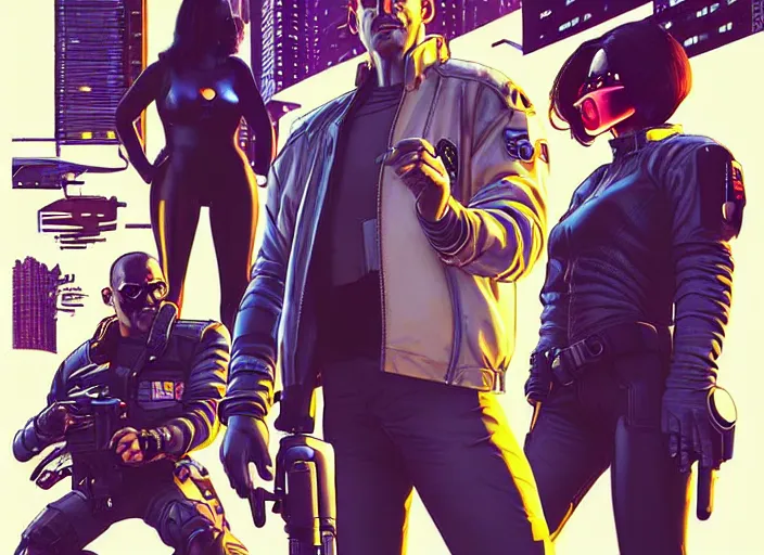 Image similar to cyberpunk police detectives. portrait by stonehouse and mœbius and will eisner and gil elvgren and pixar. character design. realistic proportions. cyberpunk 2 0 7 7 character art, blade runner 2 0 4 9 concept art. cel shading. attractive face. thick lines. the team. diverse characters. shadowrun.