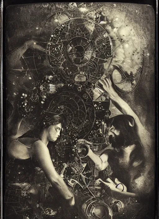 Image similar to old wetplate daguerreotype portrait of creation of time, explosion of data fragments, fractal, intricate, elegant, highly detailed, parallax, leica, medium format, subsurface scattering, by jheronimus bosch and greg rutkowski and louis jacques mande daguerre