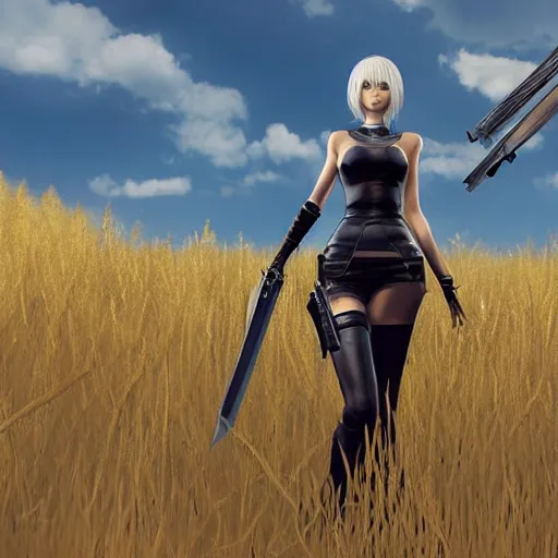 Prompt: a high resolution very detailed image of a 2 with a sword in russian tank boss fight from nier : automata in yellow rye field under pure blue skies