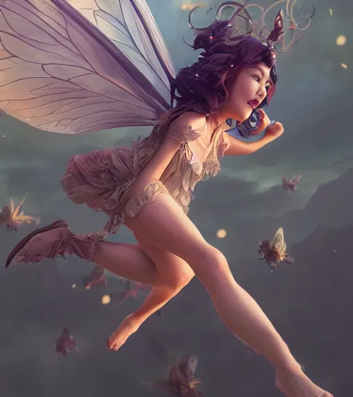 Image similar to fairy full body flying high to the sky, highly detailed, trending on Artstation, Unreal Engine 4k, cinematic wallpaper by Stanley Artgerm Lau, WLOP, Rossdraws, James Jean, Andrei Riabovitchev, Marc Simonetti, and Sakimichan