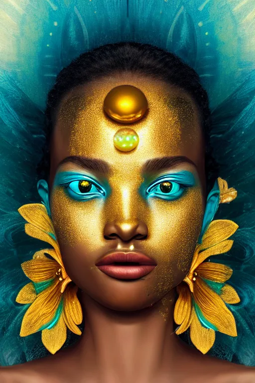 Image similar to hyperrealistic neo - symbolist cinematic very beautiful! oshun goddess with gold eyes, yoruba paint, droplet armor, water lips, gold flowers, highly detailed digital art masterpiece, smooth etienne sandorfi eric zener dramatic pearlescent soft teal light, ground angle uhd 8 k, sharp focus