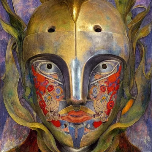 Image similar to the robot in her floral mask, by Annie Swynnerton and Diego Rivera, symbolist, dramatic lighting, elaborate geometric ornament, Art Brut ,god rays, soft cool colors,smooth, sharp focus, extremely detailed, Adolf Wölfli