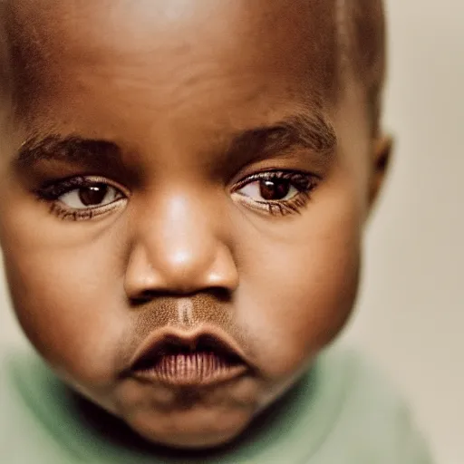 Image similar to the face of kanye west at 4 years old, portrait by julia cameron, chiaroscuro lighting, shallow depth of field, 8 0 mm, f 1. 8