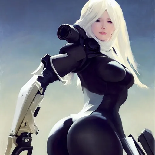 Image similar to greg manchess portrait painting of a 2 yorha type a no. 2 as overwatch character, white long hair, medium shot, asymmetrical, profile picture, organic painting, sunny day, matte painting, bold shapes, hard edges, street art, trending on artstation, by huang guangjian and gil elvgren and sachin teng