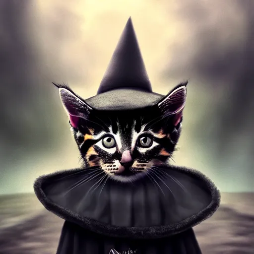Image similar to a kitten wearing wizard robes and wizard hat, matte oil painting, eldritch, magical, fog, noble, full body portrait, extremely detailed, inspiring, award - winning, clear, crisp, sharp, 4 k, 8 k
