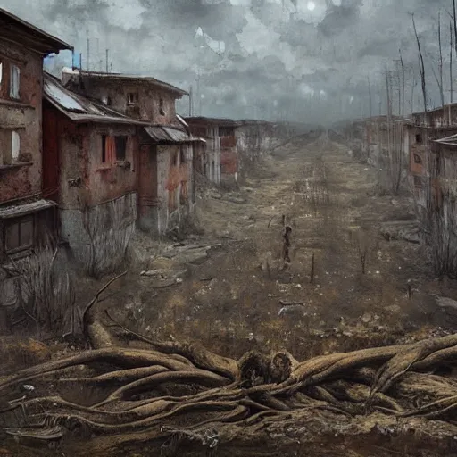 Image similar to painting of a abandoned post soviet town infested with humanoid root monsters by jakub rozalski