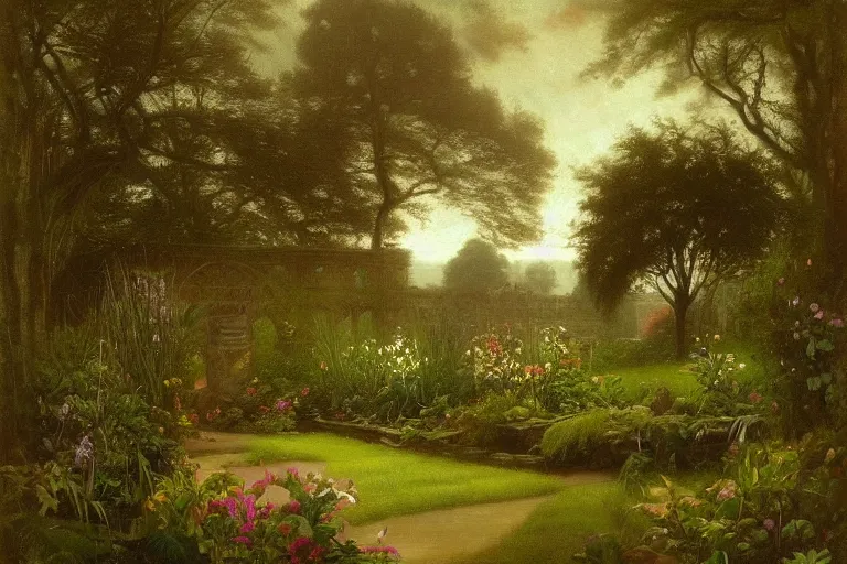 Image similar to secret garden, lush, floral, botanical, romanticism, dreamy, dark, moody, hudson river school