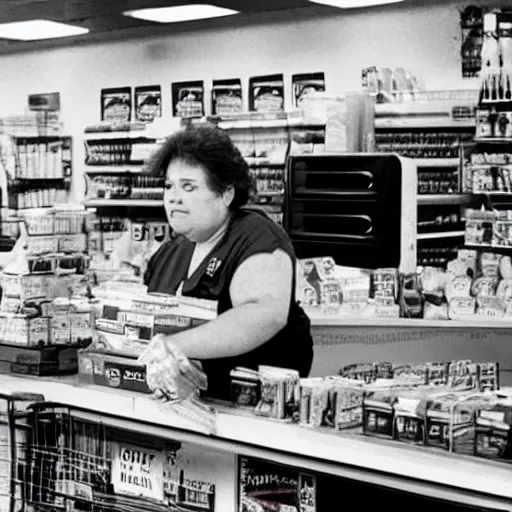 Image similar to a middle - aged woman working as a cashier at a dingy convenience store, award - winning photography, 1 9 9 0