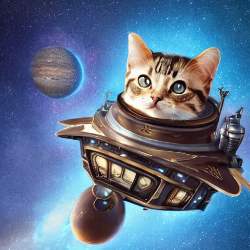 Prompt: A lazy steampunk cat with beautiful blue eyes flying in the starship over the Andromeda galaxy, digital illustration, concept art, 8k, trending on artstation
