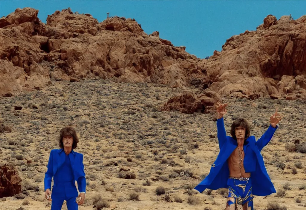 Prompt: mick jagger dressed in blue costume with jewels in a dry rocky desert landscape, with alien complex city beneath the sand and giant alien spaceship in the sky attacks the earth by christopher doyle and alejandro jodorowsky, anamorphic lens, kodakchrome, cinematic composition, masterpiece, 8 k