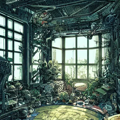 Prompt: Interior of a bedroom on a spaceship, through a large window outer space is visible, spread out around the room are lush plants, intricate, elegant, highly detailed, smooth, sharp focus, detailed face, high contrast, graphic novel, art by Ardian Syaf and Michael Choi,