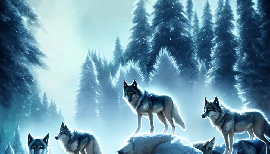 Prompt: dreamy fantasy pack of wolves, bright, white, epic scene, matte painting, highly detailed, high quality, 8 k, 4 k, octane render, digital painting, alena aenami, lilia alvarado, shinji aramaki, karol bak, alphonse mucha, tom bagshaw