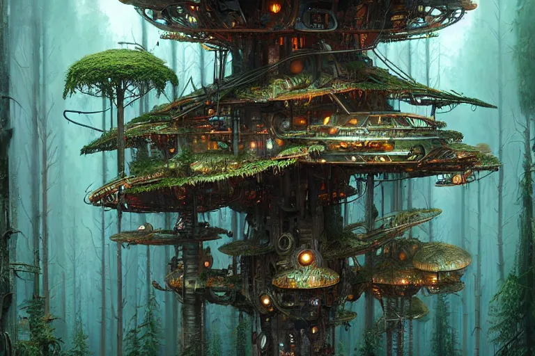 Image similar to mushroompunk treehouse city on endor, hyper detailed, by alejandro burdisio,