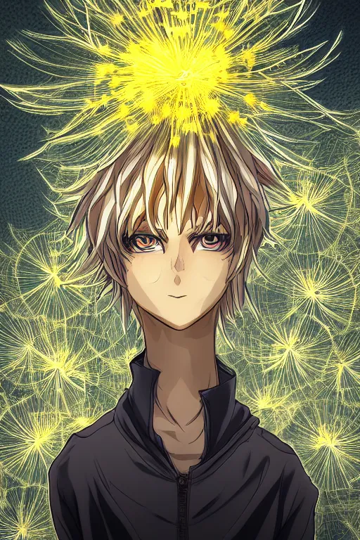 Image similar to glowing luminescent dandelion male anime character, symmetrical, highly detailed, digital art, sharp focus, trending on art station, amber eyes, autumnal colours