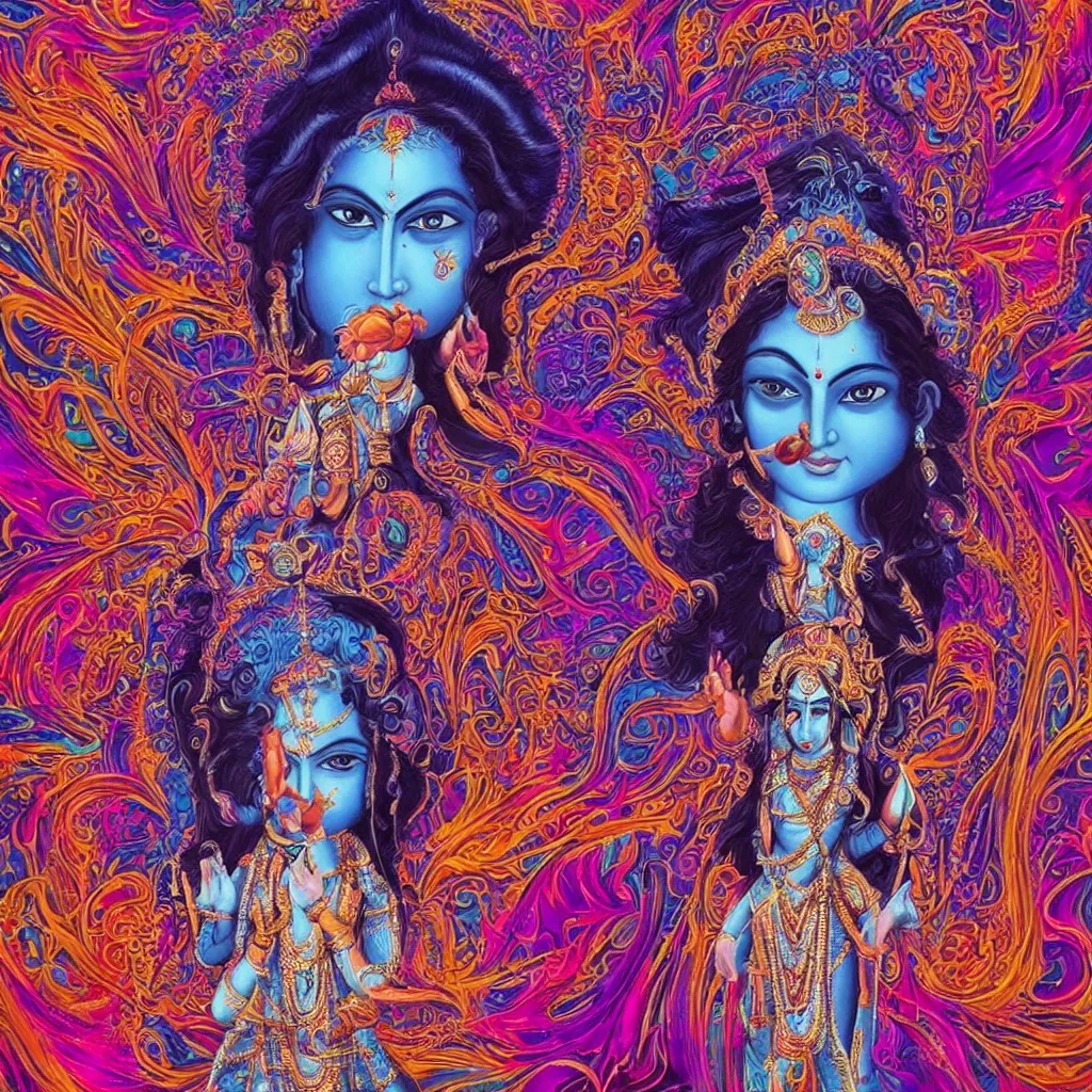 Prompt: a spiritual cosmic psy and realistic hindu goddess looking at the camera in a photo shoot with blue eyes, the whole image is fluid psychedelic designs and cinematic lighting, octane engine, , hyper realistic, surreal, symmetry perfect, ful color,visionary art