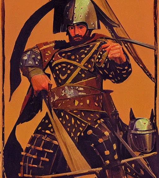 Prompt: character art illustration portrait of a medieval Byzantine infantry warrior by Angus McBride, dynamic pose.