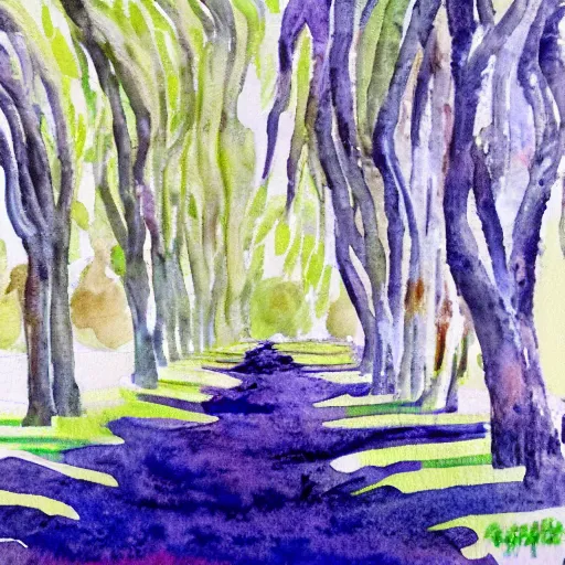 Image similar to spooky willow tree grove, watercolor