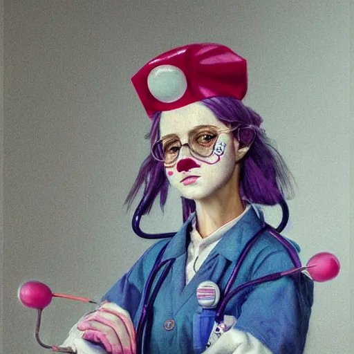 Image similar to clowncore pastel punk young hospital nurse wearing stylish uniform. detailed, portrait, 8 k, artwork by jean - baptiste monge