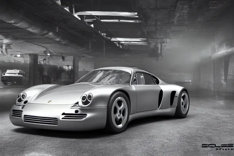 Image similar to porsche 9 5 9 concept car sitting on the side of the road, back to the future, a detailed matte painting by zack snyder, trending on cg society, auto - destructive art, vray tracing, unreal engine 5, reimagined by industrial light and magic