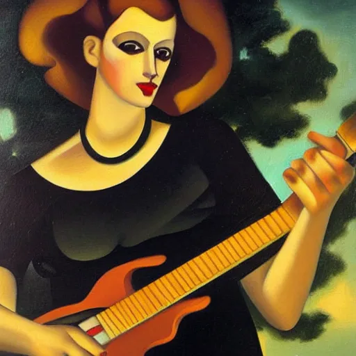 Image similar to goth girl playing electric guitar at dusk, oil painting by Tamara de Lempicka, masterpiece