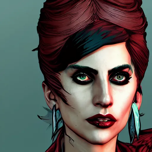 Image similar to lady gaga portrait, borderlands, tales from the borderlands, the wolf among us, comic, cinematic lighting, studio quality, 8 k