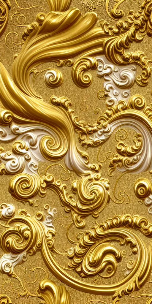 Image similar to the source of future growth dramatic, elaborate emotive Golden Baroque and Rococo styles to emphasise beauty as a transcendental, seamless pattern, symmetrical, large motifs, Palace of Versailles, 8k image, supersharp, spirals and swirls in rococo style, cartouches, white smoke, rainbow syrup splashing and flowing, Gold black and rainbow colors, perfect symmetry, High Definition, photorealistic, masterpiece, 3D, no blur, sharp focus, photorealistic, insanely detailed and intricate, cinematic lighting, Octane render, epic scene, 8K