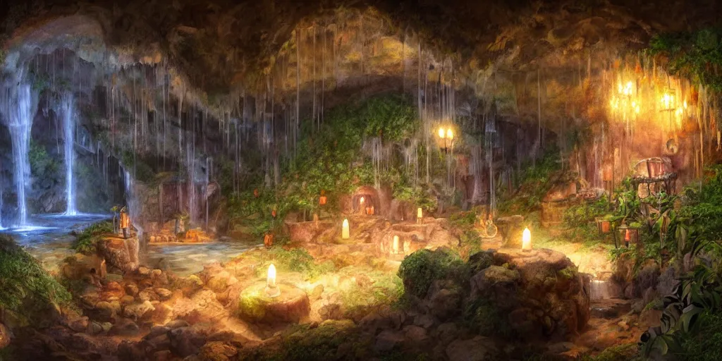 Image similar to detailed interior of cozy hotsprings hidden inside a cave, small waterfalls, lush vegetation, flowers, towels, plates of fruit, candlelight, digital painting, concept art, light shafts, stunning atmosphere, by gerald brom, cinematic lighting