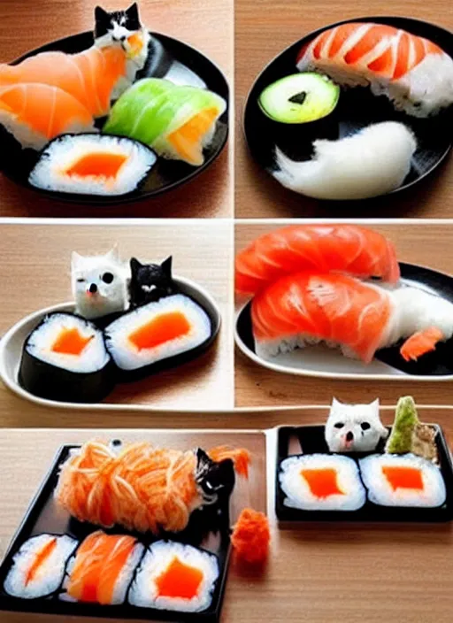 Image similar to clear photorealistic picture of adorable cats made out of sushi. some cats eating the sushi