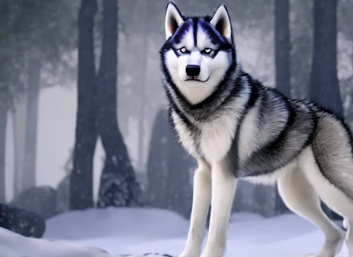 Image similar to film still of an anthropomorphic husky in a white vest in the new sci - fi movie, 8 k