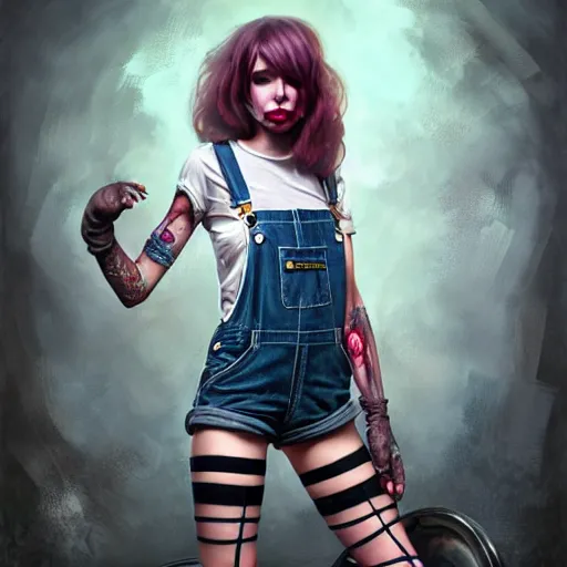 Prompt: full body pose, grungy alice, torn overalls, short shorts, lace gloves, combat boots, fishnets, beautiful, highly detailed face, true anatomy!, extremely detailed!, digital painting, unreal engine 5, art by tom bagshaw