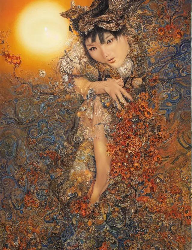 Image similar to a china cat sunflower walking proudly jingling in the midnight sun with a bodhi that drips a silver kimono Like a crazy quilt star gown through a dream night wind, intricate and complexly detailed wet oil painting, by Karol Bak and Tony Diterlizzi, influenced by Artgerm, golden hour scene, center perspective, multi-dimensional, 8k, octane rendering,