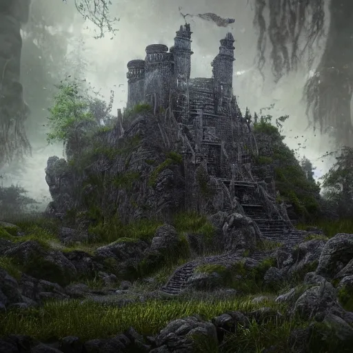 Prompt: full body pose, hyperrealistic photograph of the black keep of rotbog swamp, dim volumetric lighting, 8 k, octane beautifully detailed render, extremely hyper detailed, intricate, epic composition, cinematic lighting, masterpiece, trending on artstation, very very detailed, stunning, hdr, smooth, sharp focus, high resolution, award, winning photo, dslr, 5 0 mm