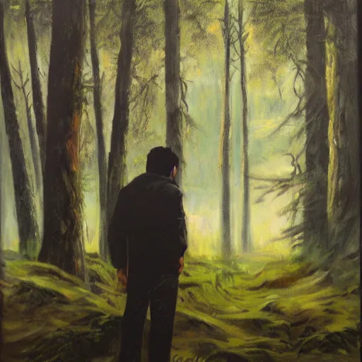 Prompt: a man looking in the forest to see an oversized terrifying monster, dramatic oil painting - n 9