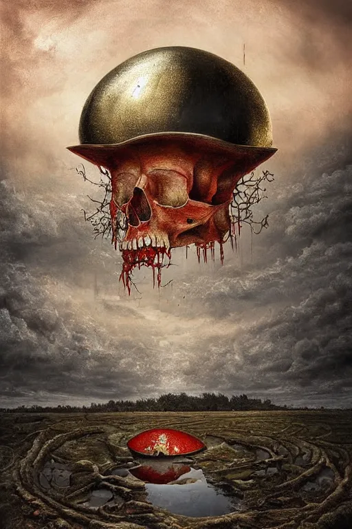 Prompt: immaculate painting of A Beautiful fine detailed gold and red and black dome made of huge skull in the swamp iIlusion by erik johansson micro detailing