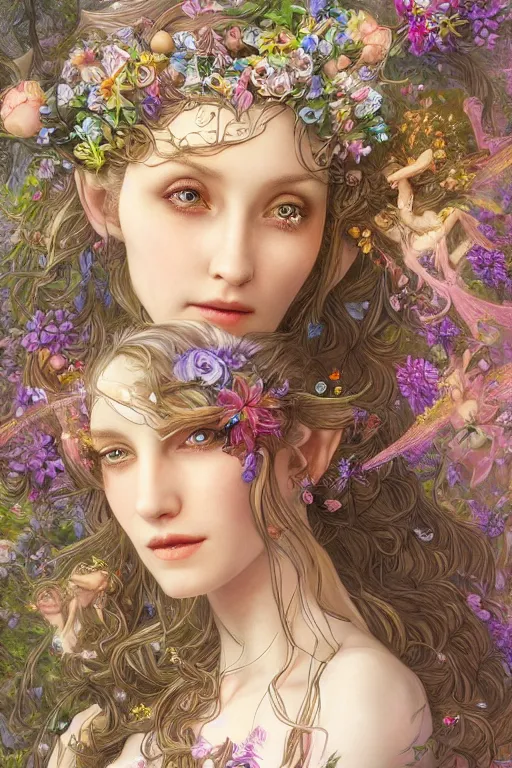 Image similar to a portrait of a beautiful elvish goddess with flowers in her hairs , fairy-like , 8k, highly detailed, sharp focus, ethereal clothes, astral environment, in style of Anna Dittmann and Mark Arial and Artgerm and Gerald Brom