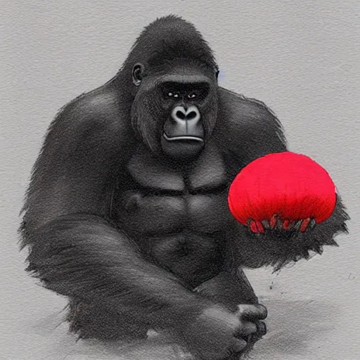 Image similar to gorilla wearing a black shirt, holding a red mushroom, landscape illustration concept art anime key visual trending pixiv fanbox by wlop and greg rutkowski and makoto shinkai and studio ghibli and kyoto animation