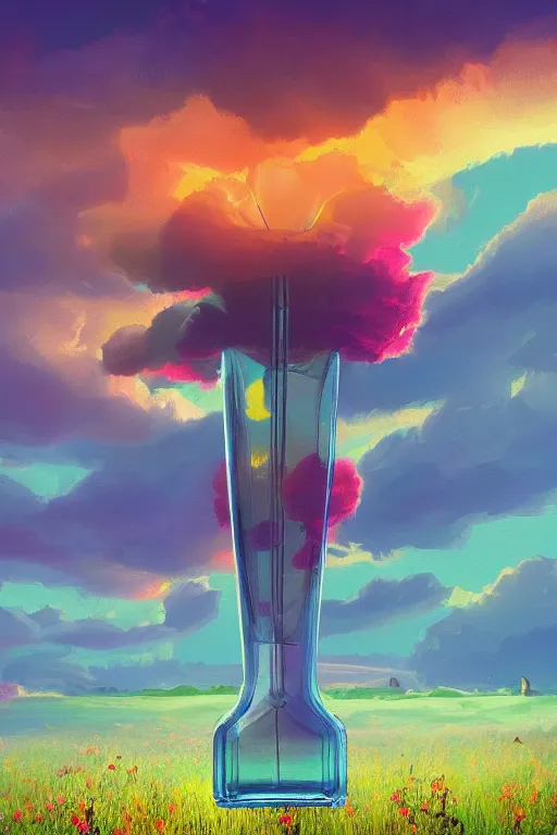 Image similar to giant perfume bottle in flower field, surreal photography, sunrise, dramatic light, impressionist painting, colorful clouds, digital painting, artstation, simon stalenhag