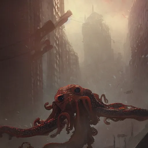 Image similar to ted cruz morphing into a slimy octopus monster and destroying a city, greg rutkowski, trending on artstation,