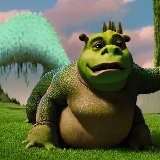 Image similar to Movie still of Kanye West riding an aligator in the movie Shrek, splash art, movie still, cinematic lighting, dramatic, octane render, long lens, shallow depth of field, bokeh, anamorphic lens flare, 8k, hyper detailed, 35mm film grain