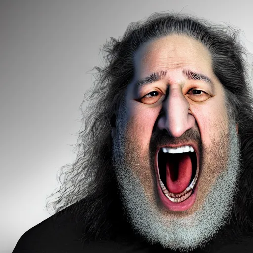 Image similar to richard stallman screaming, angry, furious, photograph, photorealistic, detailed, 8k HDR, trending on artstation,