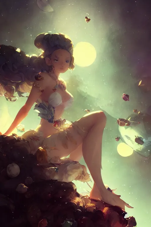 Image similar to A beautiful whimsical woman basking in the moonlight on a bed of crystals below planets, cinematic lighting, dramatic atmosphere, by Dustin Nguyen, Akihiko Yoshida, Greg Tocchini, Greg Rutkowski, Cliff Chiang, 4k resolution, trending on artstation