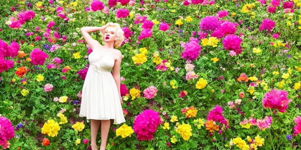 Prompt: Marilyn Monroe posing in a flower garden near a windmill , macro, vibrant, 30mm photography, wide shot, dramatic lighting, octane render, hyperrealistic, realistic and very detailed face, high quality, highly detailed, artstation, HD, beautiful, cinematic, 8k, unreal engine, facial accuracy, symmetrical