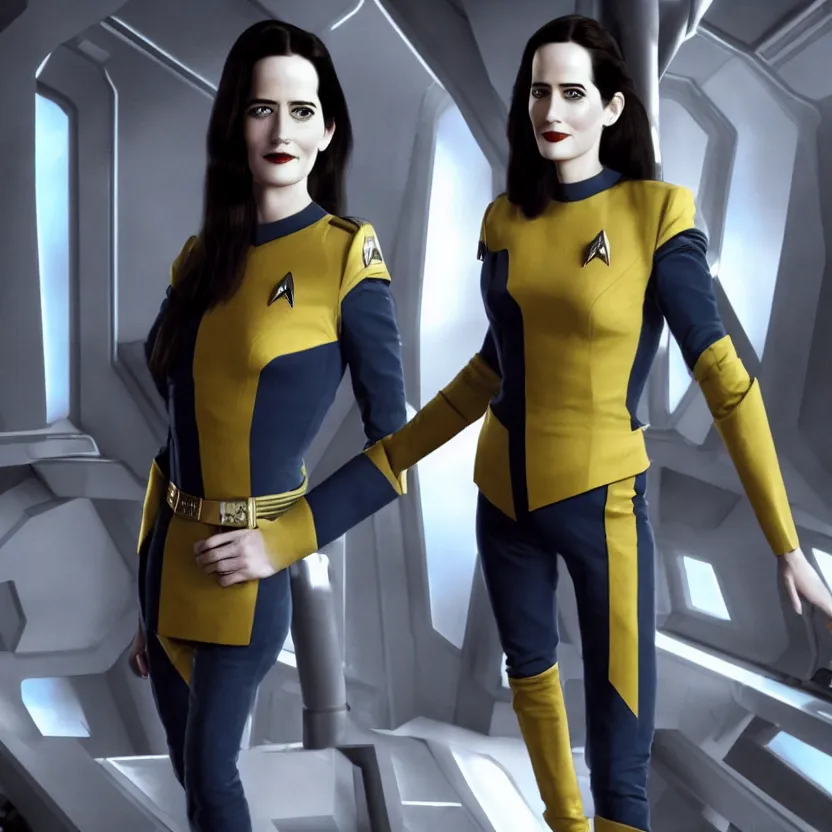 Image similar to a full body photograph of 3 0 year old eva green as a star fleet officer from star trek next generation, ultra rendered, extreme realism and detail, 8 k, highly detailed, realistic, completely framed, hyper realistic, colorful, direct lighting, 3 5 mm photo, photorealistic, sharp focus