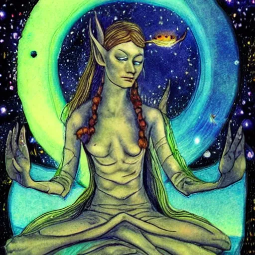 Image similar to ascending meditating elven princess, dmt shaman, surreal, alien, alien planet, space, galaxy by durer