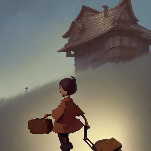 Image similar to goro fujita ilustration heerful girl taking the suitcases out of her house, characterized by masamune shirow, by greg rutkowski., character art, sharp focus, highly detailed, artstation