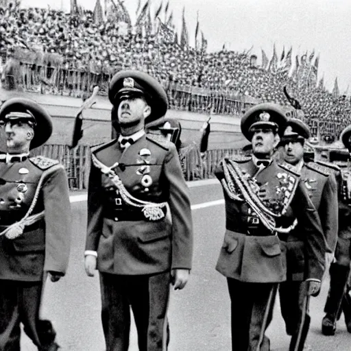 Image similar to Nicolas Cage as a dictator on a parade, archive photo, history